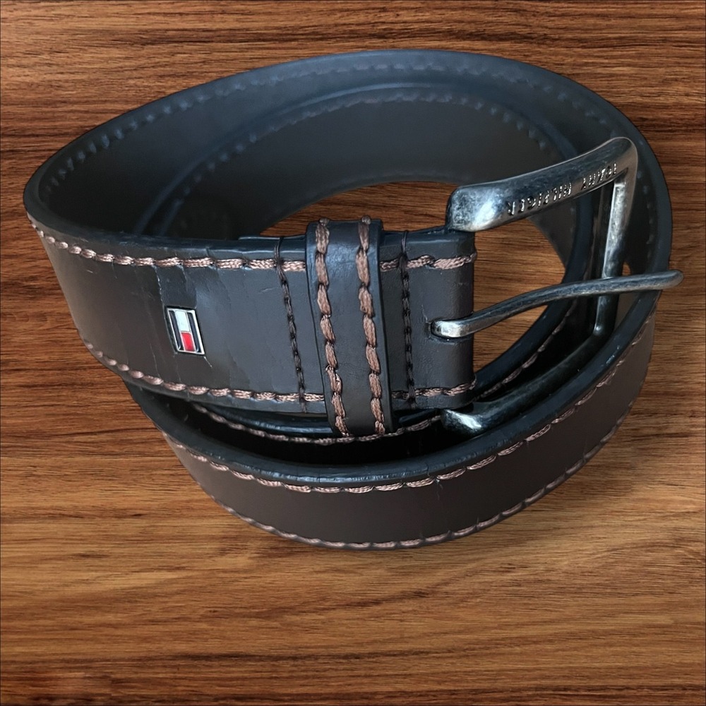 Tommy‎ Hilfiger Brown Leather Belt Size 34 Logo Flag Contrast Stitch
